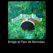 landscape painting of bridge in woods
