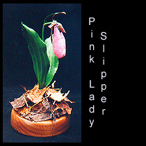 leather sculpture of pink lady slipper orchid flower