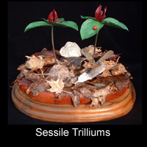 leather sculpture of sessile trillium flowers and ladybug